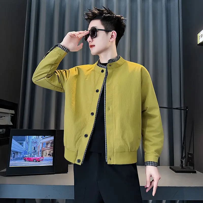 Youth Spring Autumn Plaid Casual Jacket Men's Small Size XS Fake Two-Piece Coat Polyester Fiber Standard Fit Outerwear