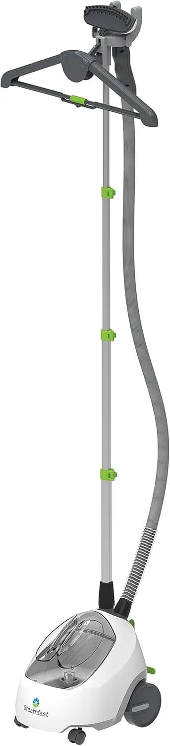 Full-Size Fabric Steamer with Insulated Hose, Clothes Hanger, and Fabric Brush - Rapid Heating, 70-Oz Water Tank, Chemical-Free Steam, Built-In Cord Wrap, White