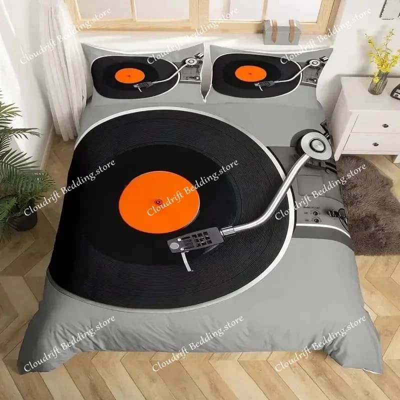 Musical Bedding Set Queen Size Music Theme Bedding Duvet Cover Set for Boys Decor Disc Comforter Cover Set Record Quilt Cover