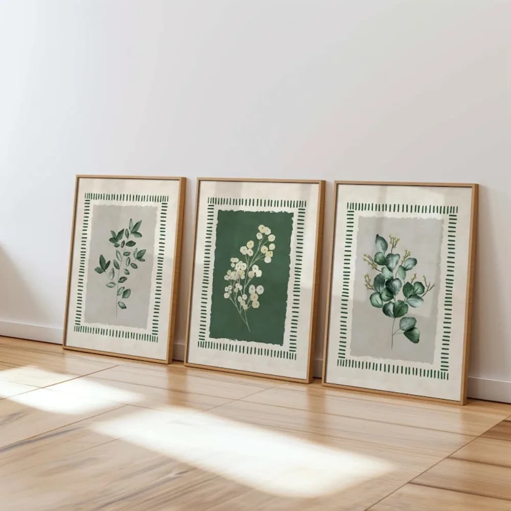 ​Frameless Plant Printing,Sage Green Beige Wall Decor,Watercolor Flower,Neutral Green Leaf Poster,Simple and Natural Printabl