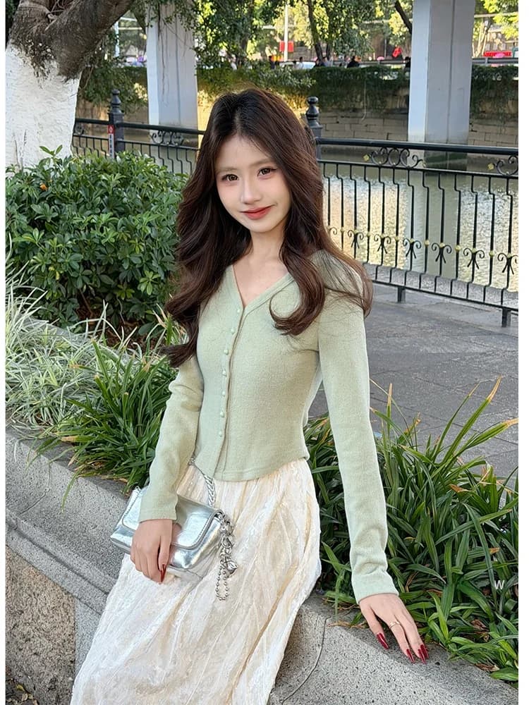 Delicate Beauty Gentlewoman's Slim Fit a maniche lunghe con scollo a V, foderato in pile, versatile, autunno inverno, maglietta a vita alta