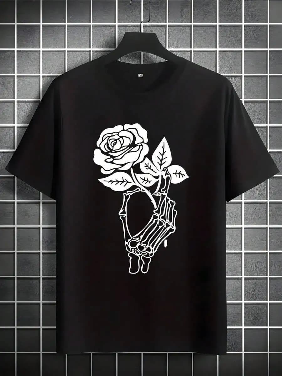 Men's Skeleton Hand Holding Rose Print Tee - Black Summer T-Shirt, Comfortable Regular Fit Round Neck Short Sleeve Top For 100% Cotton Trendy Y2K Short-Sleeve Tee-Soft, Quick-Drying, Moisture-Wicking; Great Gift for Christmas or Halloween
