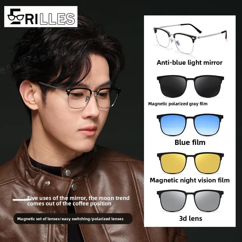 Occhiali clip-on multi-scena, 5 lenti magnetiche Protezione UV400, montatura quadrata in lega di titanio, occhiali da sole da guida polarizzati