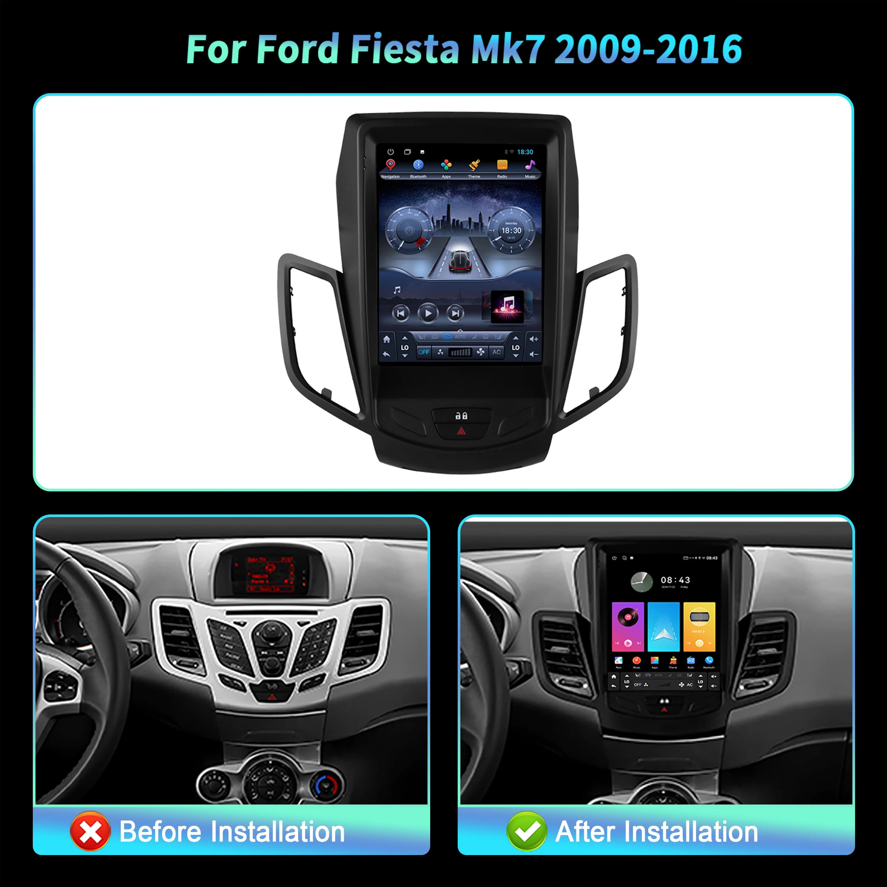 9.7 "Per Ford Fiesta Mk7 2009-2016 Wireless CarPlay Multimedia Autoradio Android 14 Navigazione Touch Screen Stereo