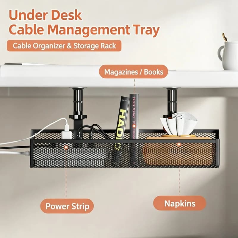 1PCS Under Desk Cable Management Tray No Drill Steel Wire Organizer Cable Management Rack