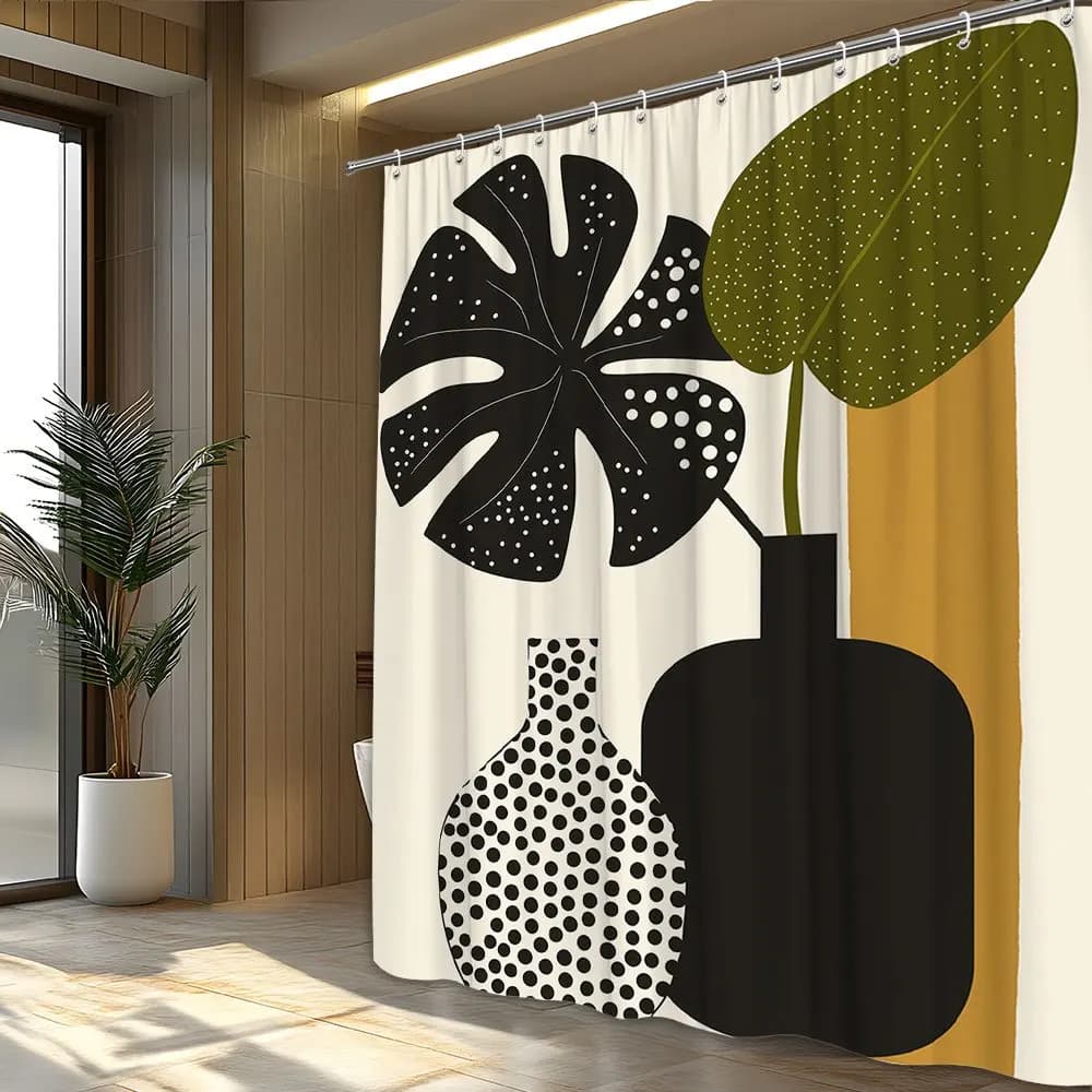 Tenda da doccia minimalista con arte geometrica da 1 pezzo - Foglia di Monstera, vasi neri e pois su Beige, design moderno, poliestere