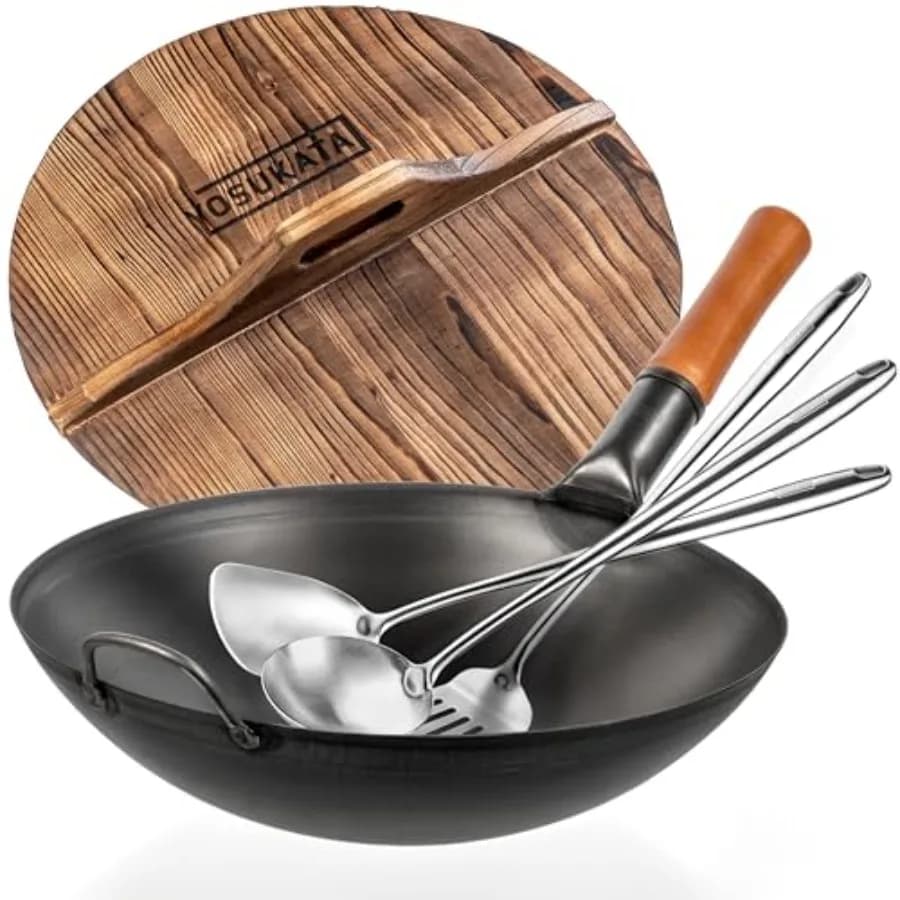 Kitchen carbon steel wok pan with round bottom black finish heat-resistant and durable for stir-frying includes matching wooden