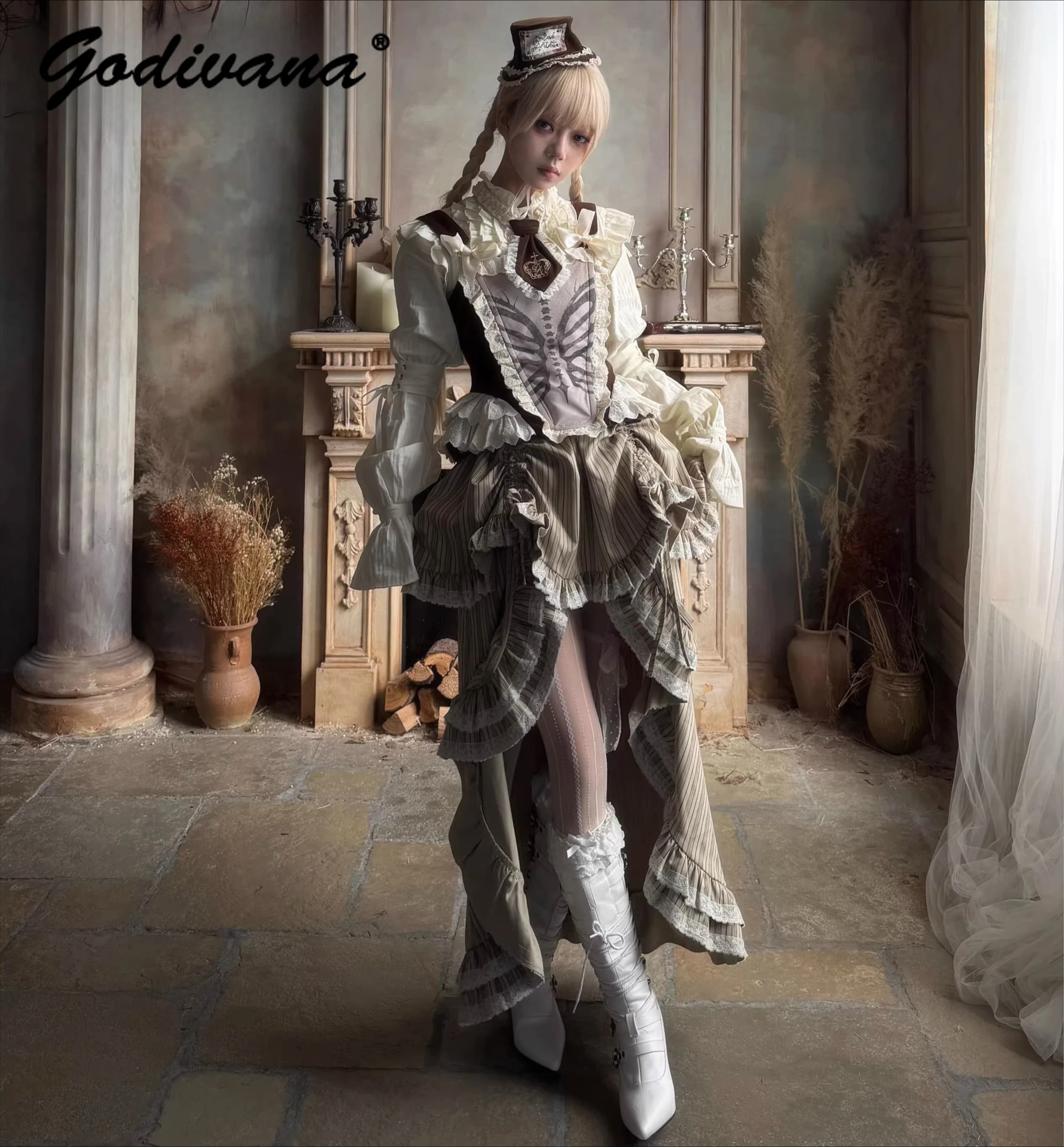 New Women's Spring Set: Long sleeve shirt with Retro print to Bone and Corse, Long skirt with Lace and Coulisse