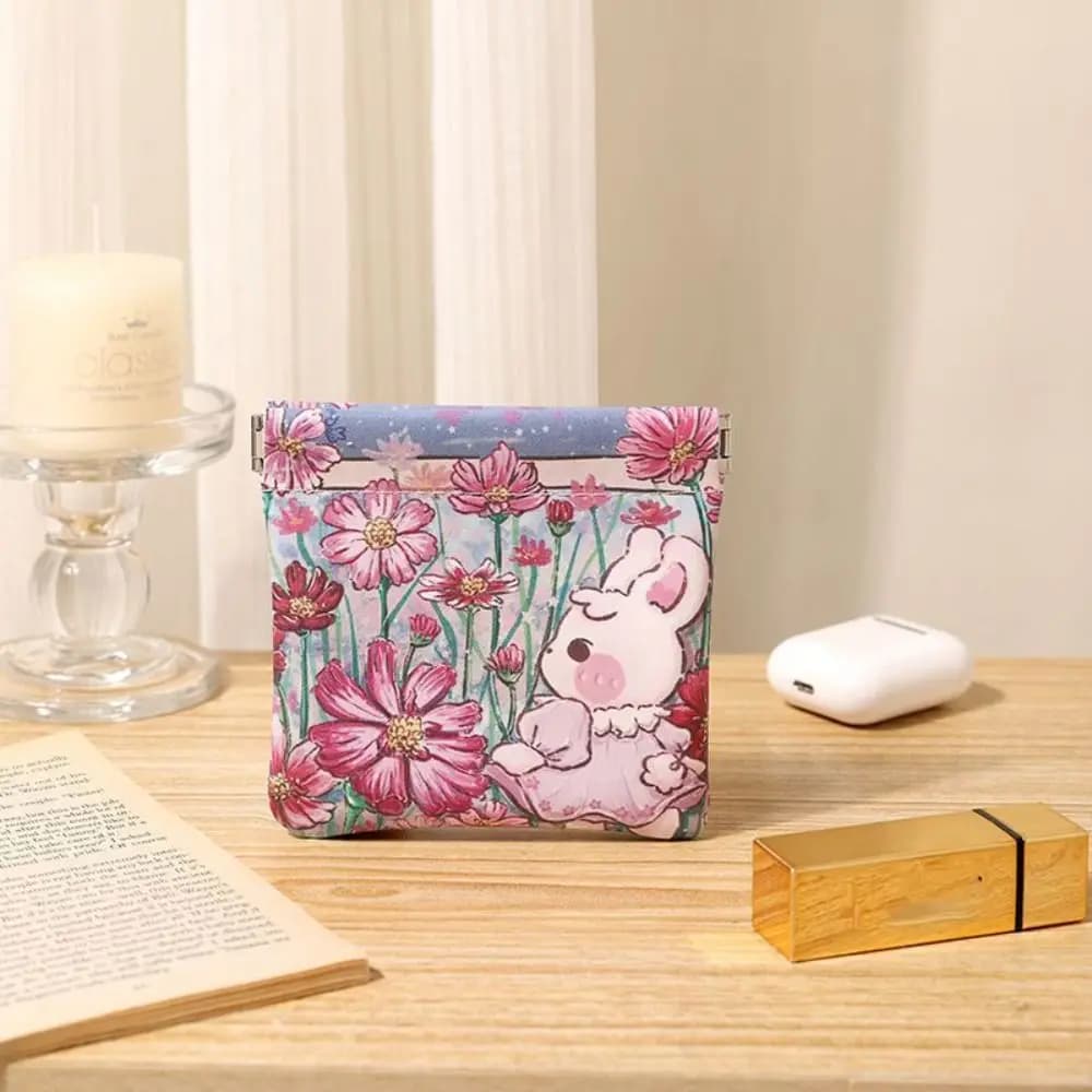Borsa portaoggetti Mini borsa per cosmetici in pelle PU Borsa portaoggetti per rossetto con chiusura automatica a fiore Stampa Portamonete chiuso automatico per ragazze