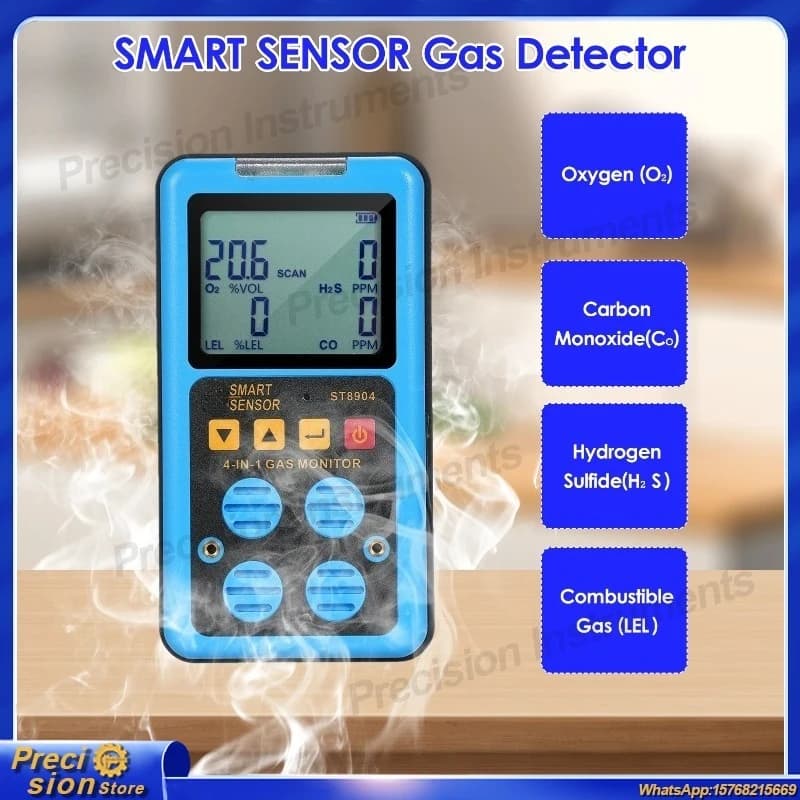 Rilevatore di Gas Multifunzione ST8904 per Ossigeno O2, Idrogeno Solforato H2S, Monossido di Carbonio CO e Gas Combustibili LEL