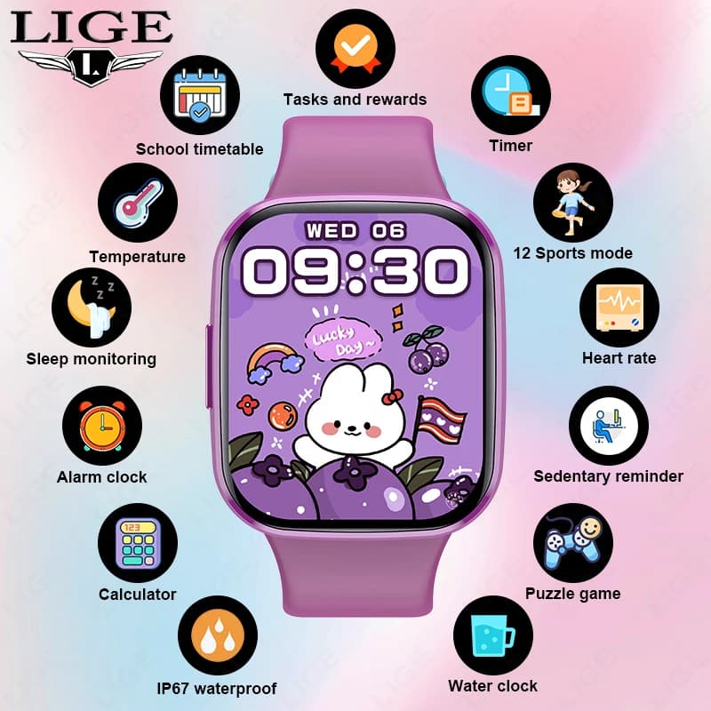 LIGE 2026 Smartwatch per Bambini con Schermo da 1.69'', Tracker Sportivo, Monitoraggio del Sonno, Giochi Puzzle, Braccialetto Intelligente per Ragazze, Regalo per Bambini