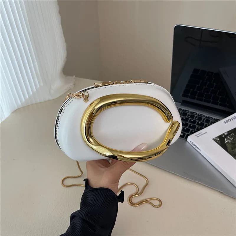 Retro Gold Metal Handle Women Clutch Bag PU Leather Chain Shoulder Crossbody Bag Mini Evening Purse for Party Wedding Daily Use