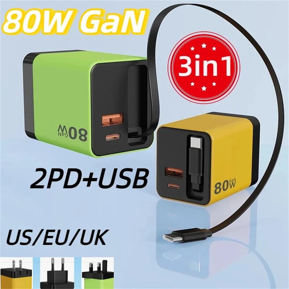 80 W super fast charging USB C charger with type C telescopic cable for iPhone 17 16 15 Samsung Xiaomi Laptop Plug EU USA UK