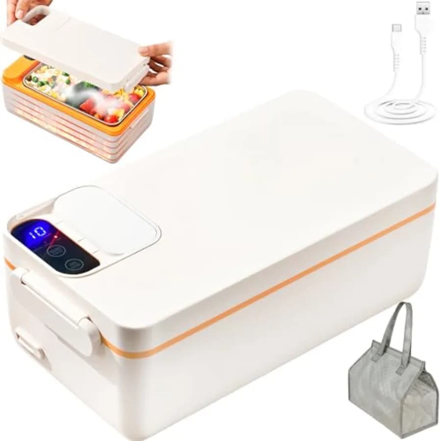 Portable rechargeable electric heated lunch box for car and office use, stainless steel body, black color, 12-hour battery life