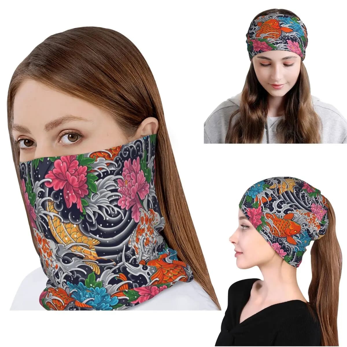 Bandana con motivo floreale e pesci Koi, sciarpa magica multiuso, balaclava, cappello, berretto, unisex, per adulti, lavabile