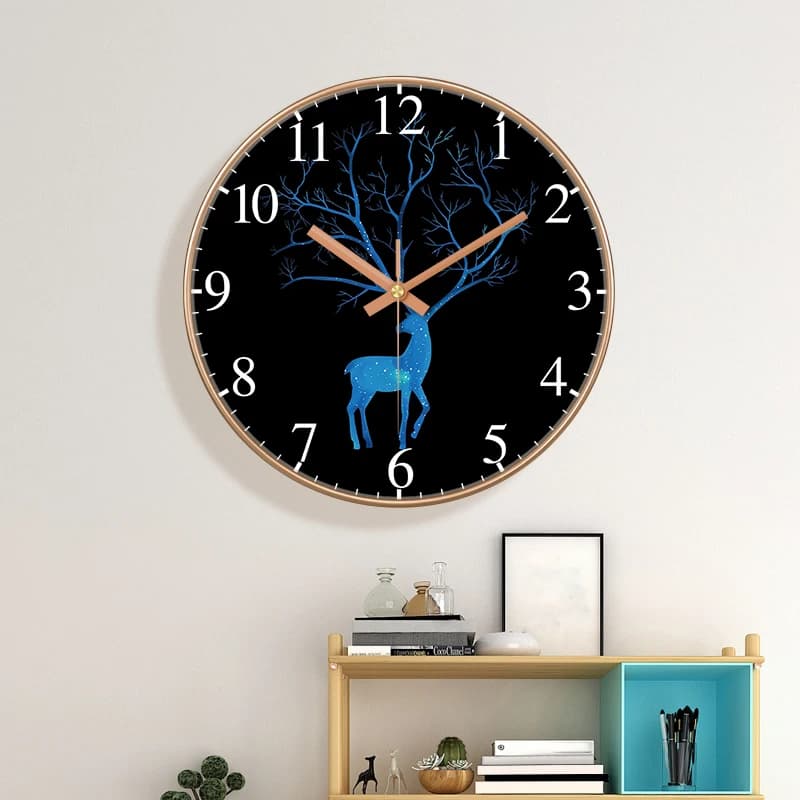 Orologio da Parete Blue Deer con Cornice Oro Rosa, Design Astratto Galassia Cervo con Albero e Corna per Soggiorno, Camera da Letto, Cucina, Arredamento Casa