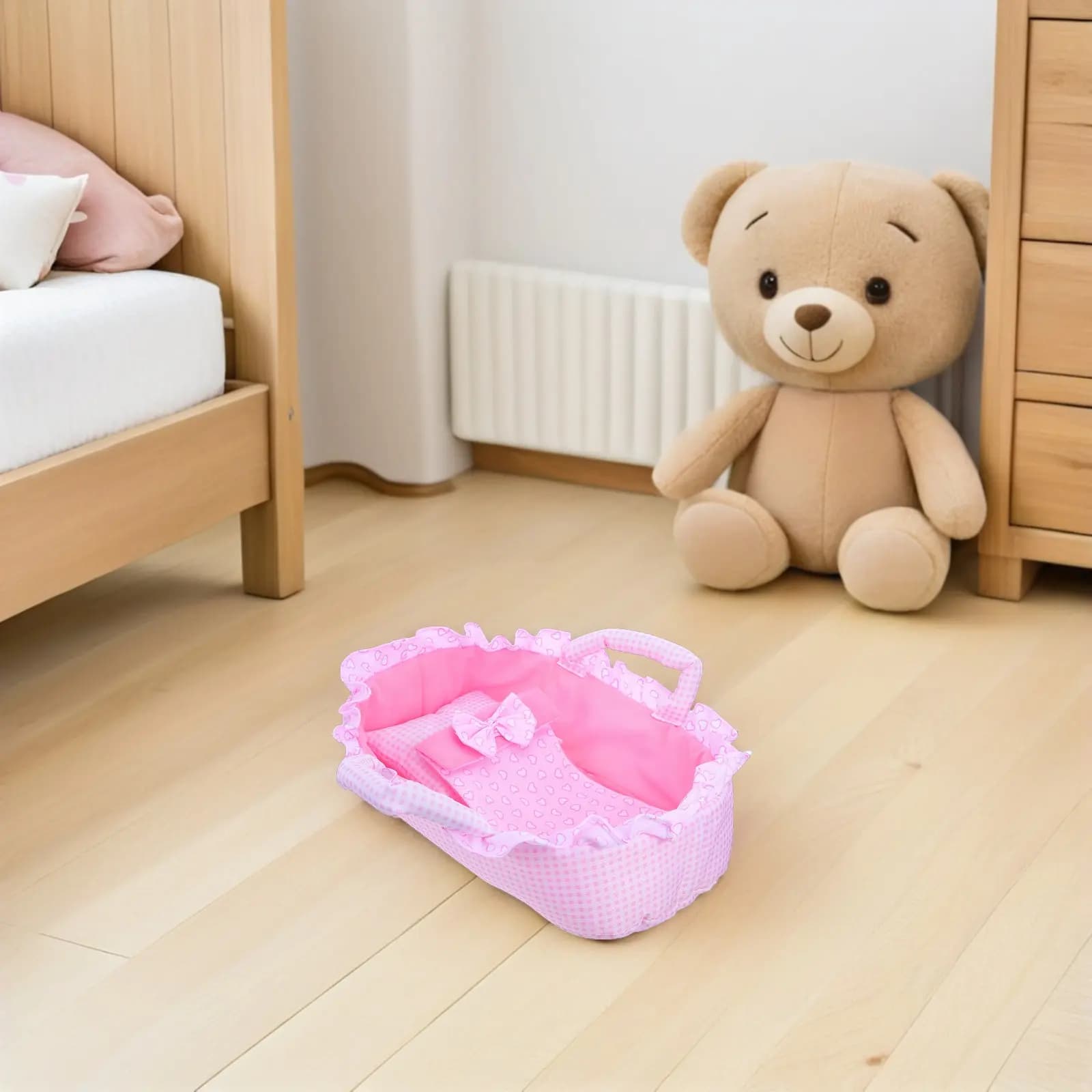 Culla Portatile per Bambole 35cm Rosa, Cuscino e Coperta per Gioco di Ruolo, Scena Casa delle Bambole