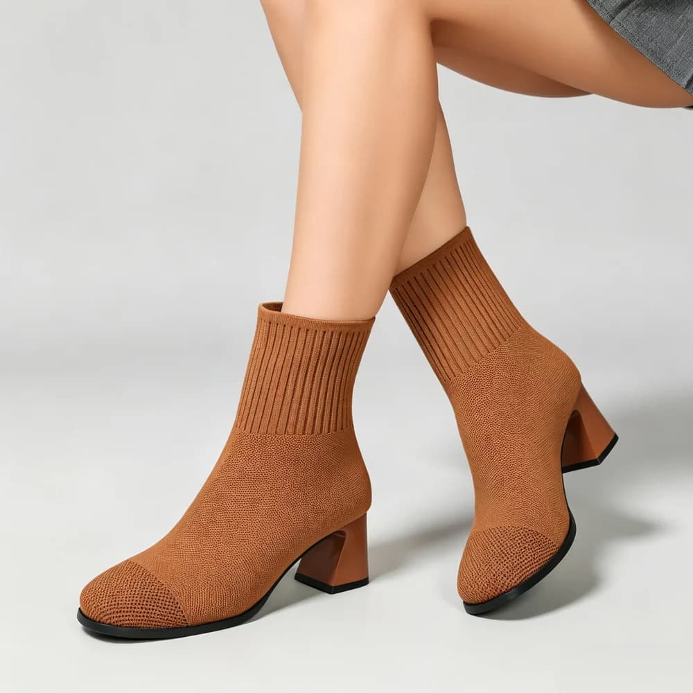 Women Knitted Sock Ankle Boots Square Toe Thick Block Heel Stretch Short Booties Autumn Winter Fashion Slip‑on Casual Party Shoe