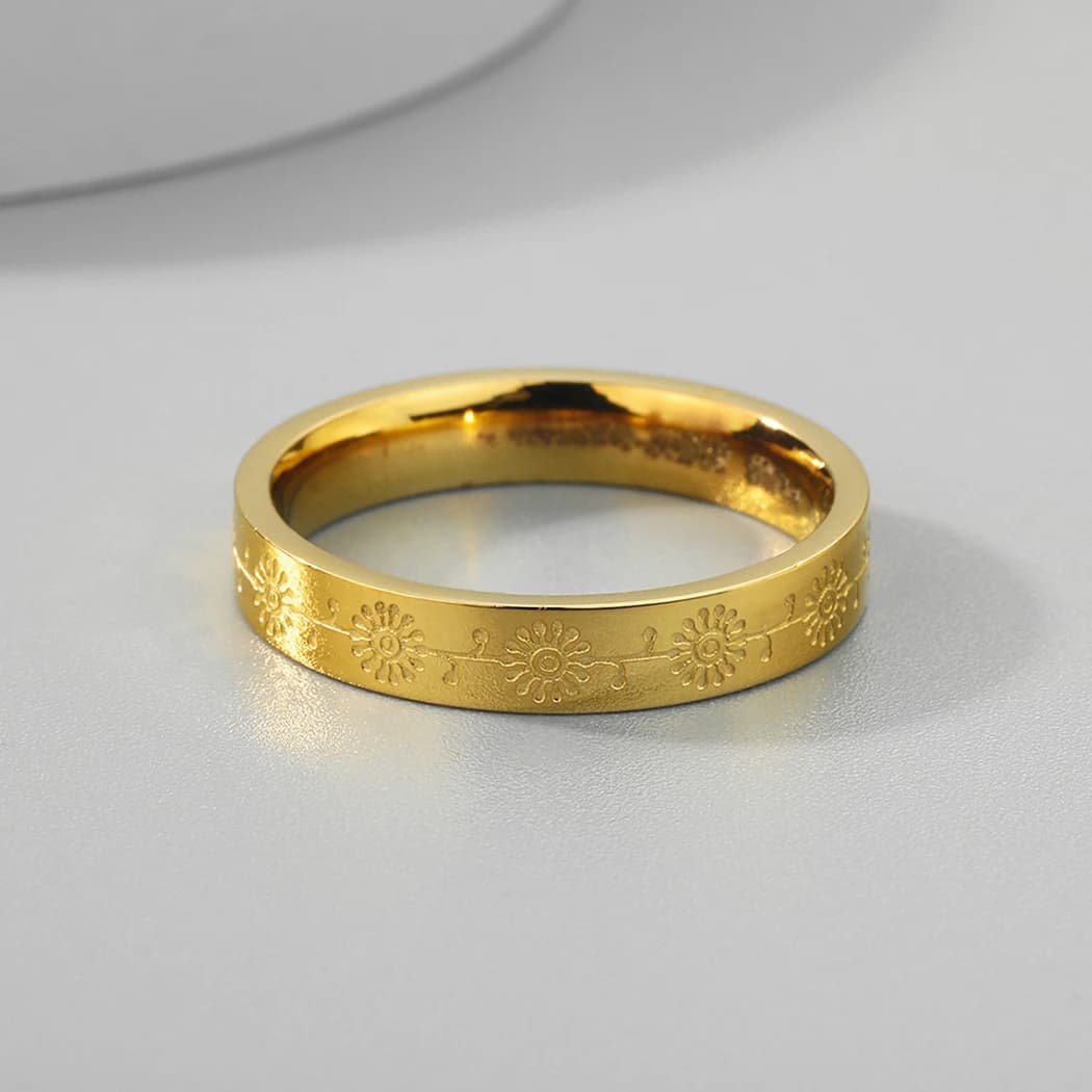 CHENGXUN Laser rings designed with sunflower engraved for women girls simple minimalist ring stackable for lovers of stainless steel flowers