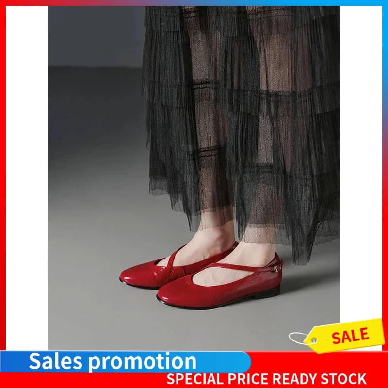 Vintage Crinkled Top Layer Cowhide Mary Jane Flats Round Toe Ankle Strap Sheepskin Insole Soft Comfort Daily Women Loafers F264