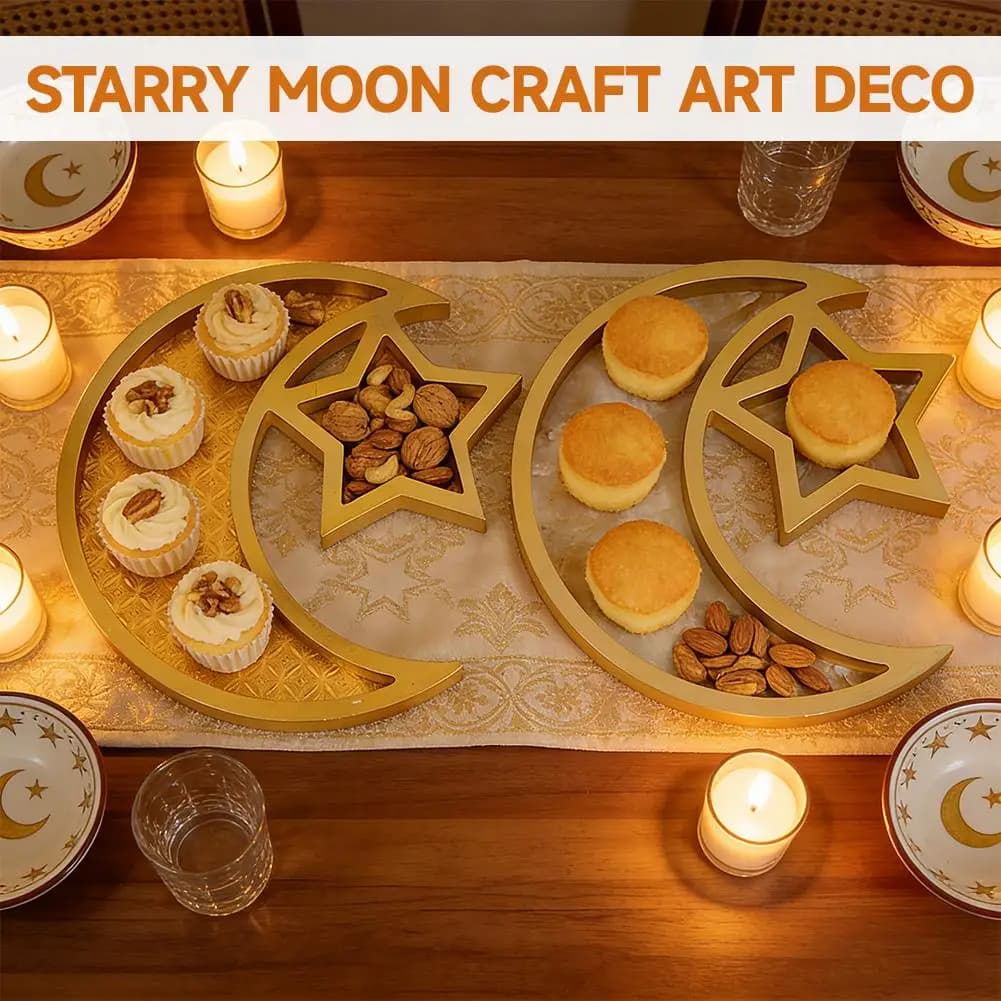 Vassoio decorativo in legno per Ramadan - Vassoio porta dessert a forma di luna e stella - Contenitore portaoggetti - Espositore per cibo, snack e frutta per feste di Ramadan