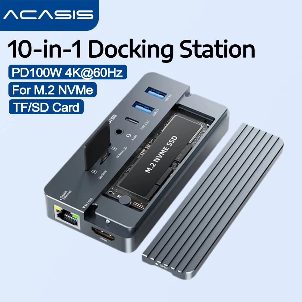 Acasis M.2 NVMe SSD Enclosure Docking Station 10-in-1 con HDMI 4K60Hz, 100W PD, RJ45 e Porte USB-A per MacBook Pro/Air e PC Windows