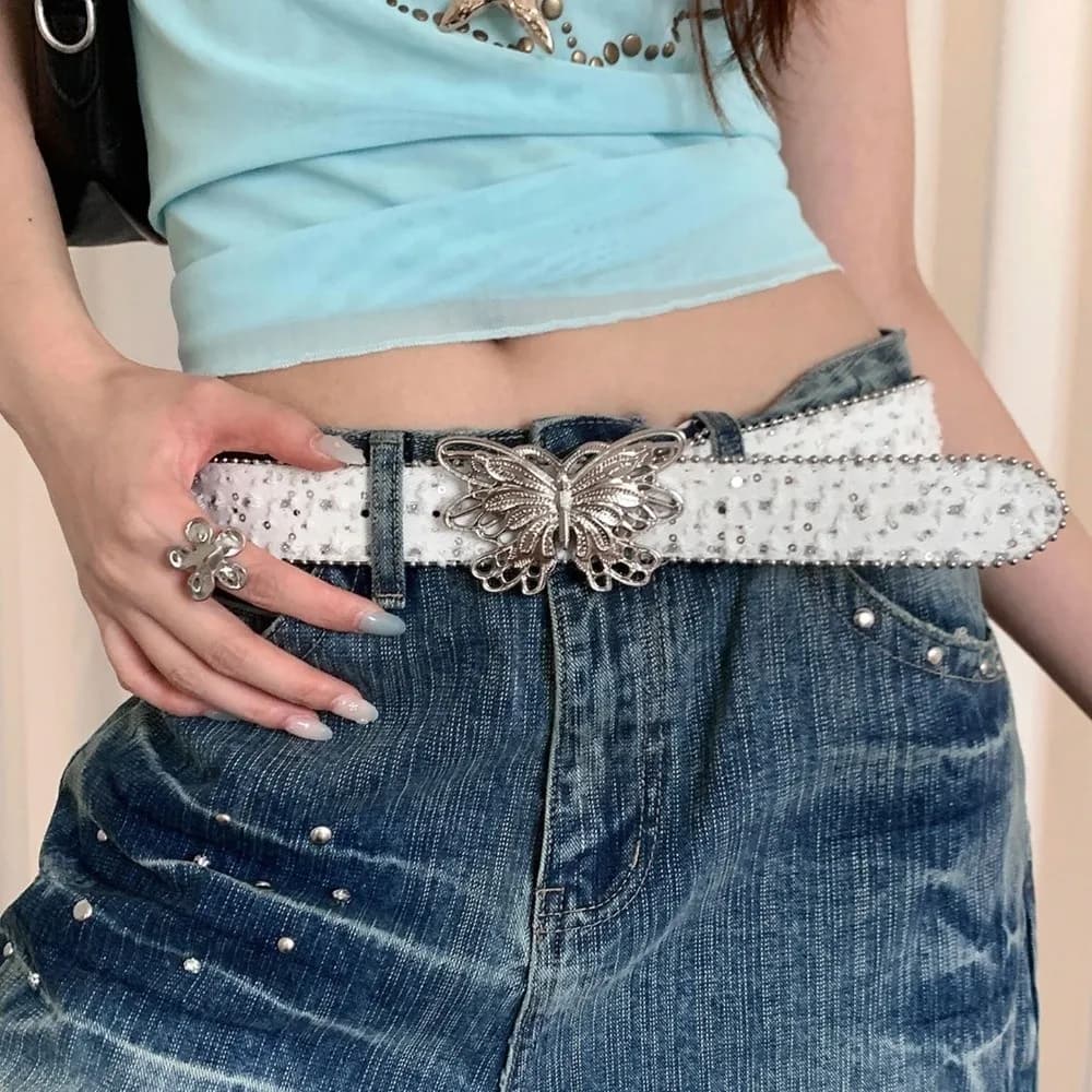 Fashion Sequins Butterfly Belt Y2K Hip Hop Wide Belt Korean Style Jeans Decor Denim Waistbands Daily