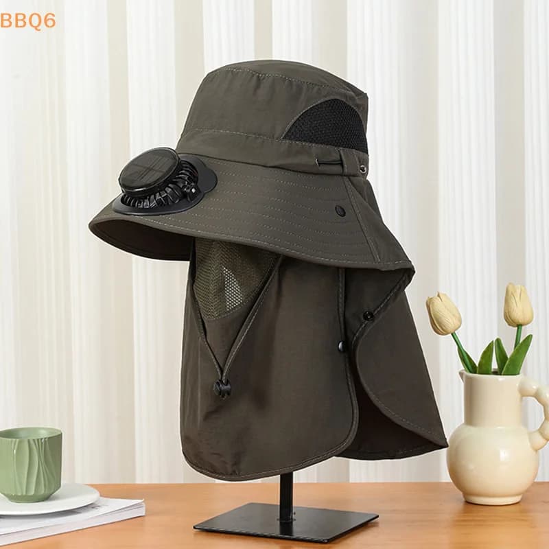 *Men Fan Hat With Solar Panel Wide-Brimmed Shawl Fishing Hat Solar USB Charging UV-Protection Outdoor Hat