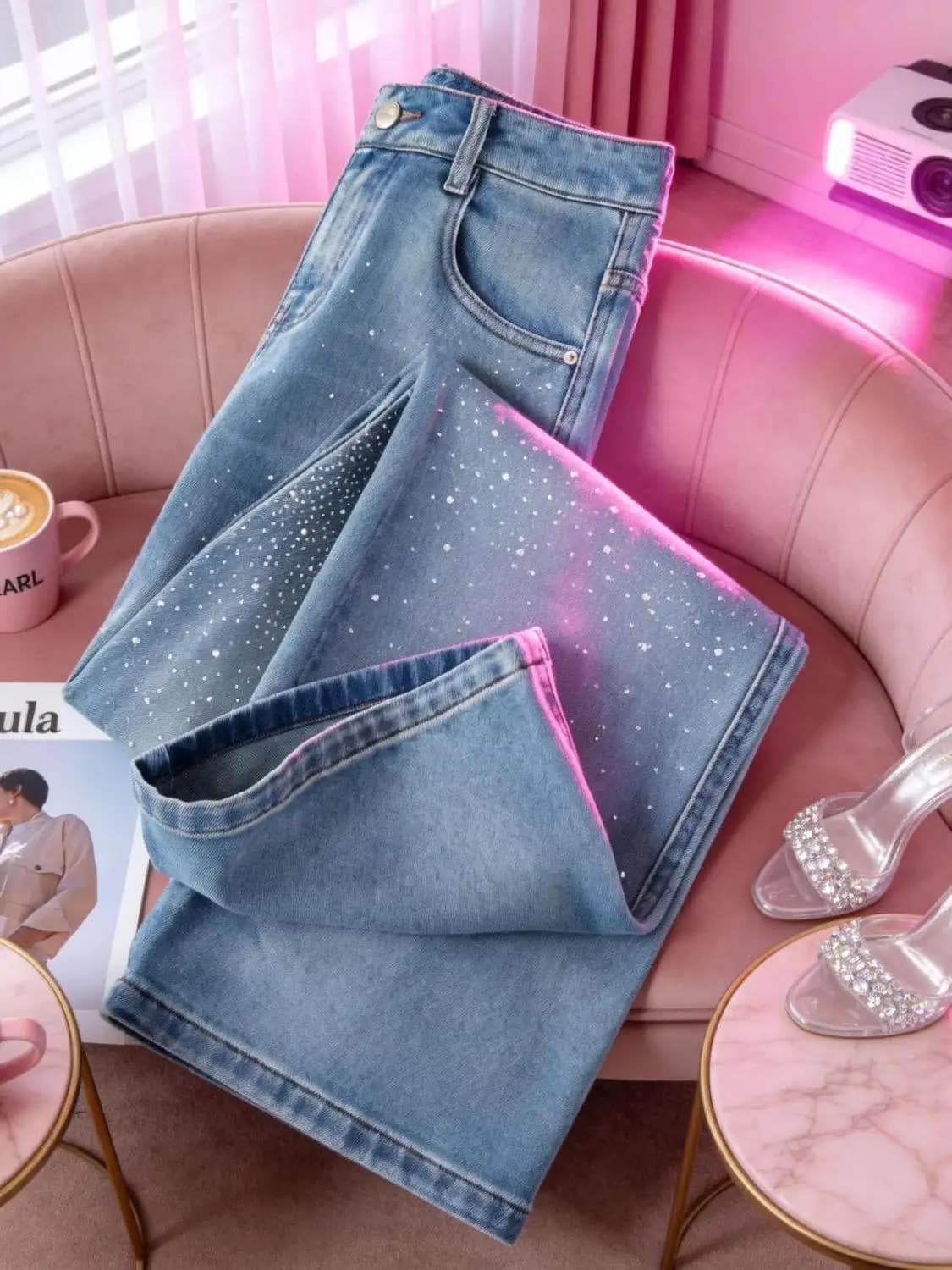 Nuovi Jeans Trendy a Vita Alta e Gamba Larga da Donna, Blu Chiaro con Paillettes, Moda Primaverile Casual Versatile in Denim