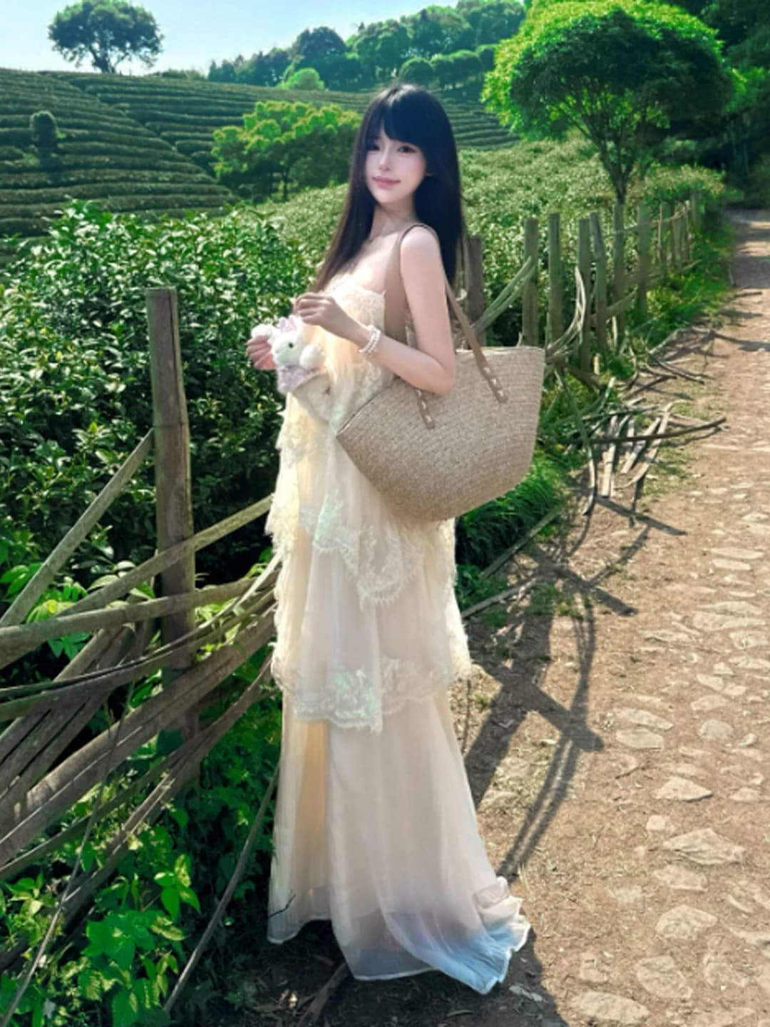 Summer Lace Cake Strap Long Dress Beach Vacation Style Women's Dress French Style High Waist Cotton Midi Skirt No Sleeve