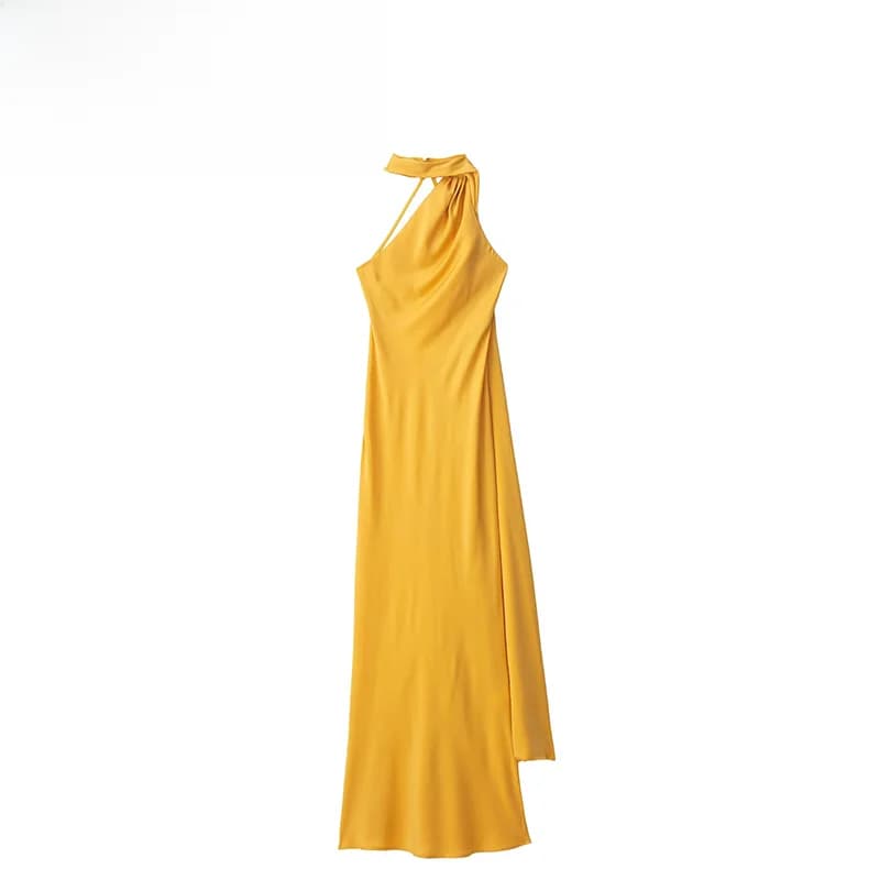 Abito Lungo Elegante e Versatile con Cintura e Collo Halter, Nuova Collezione Primavera, Vestito da Donna che Esalta la Vita, Abbigliamento Casual