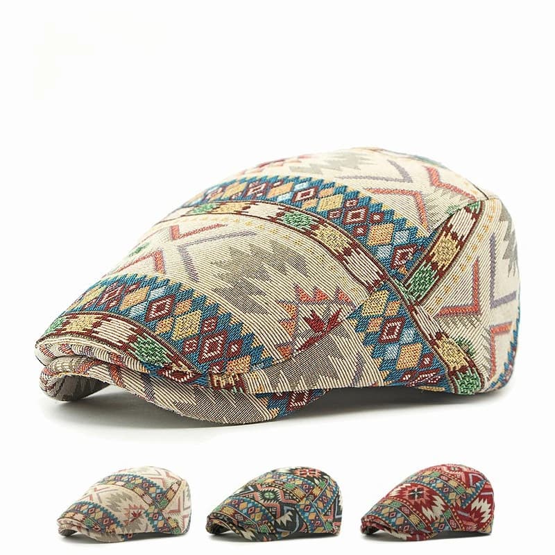 Ethnic Geometric Pattern Ivy Flat Cap Men Vintage Tribal Printed Newsboy Cap Light Forward Hat Casual Outdoor Driving Beret Cap