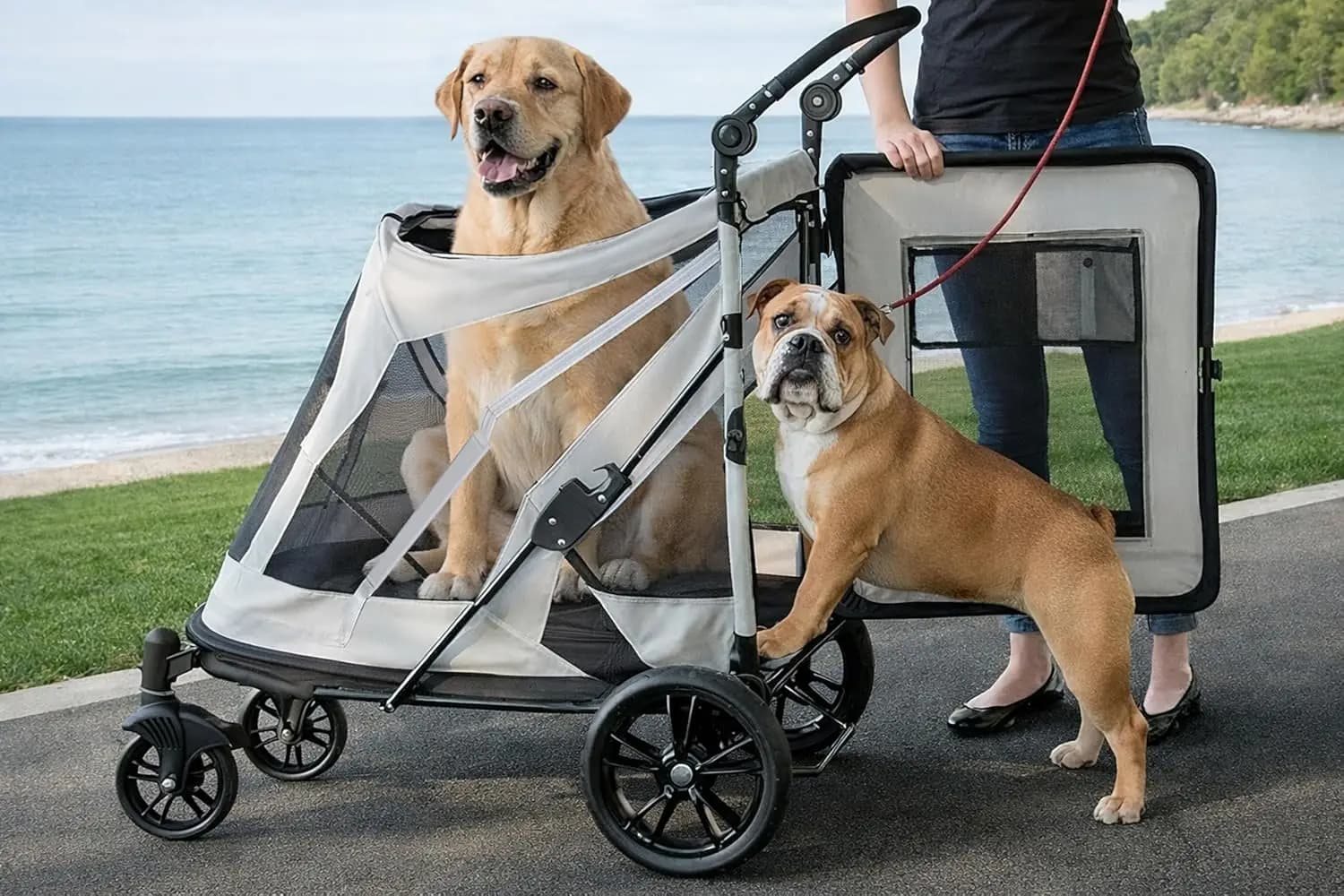 Passeggino per Animali Domestici NO-Zip con Doppio Ingresso, Apertura Senza Cerniera a Pulsante per Cani/Gatti, Pneumatici Riempiti di Gel, Grigio Chiaro