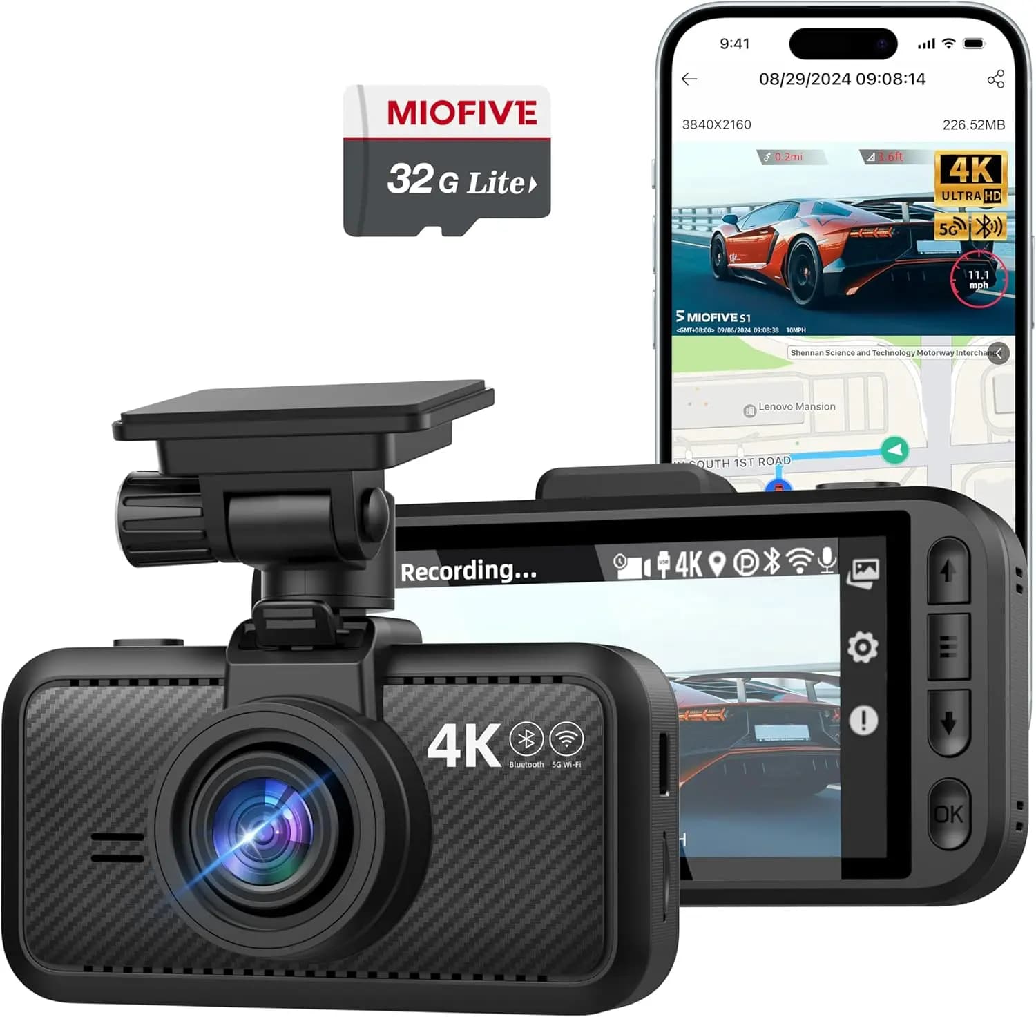 Dash Cam 4K WiFi Bluetooth GPS with 3 Inch IPS Screen, Night Vision, Loop Registration, HDR, App Control, 32GB Card Included Free