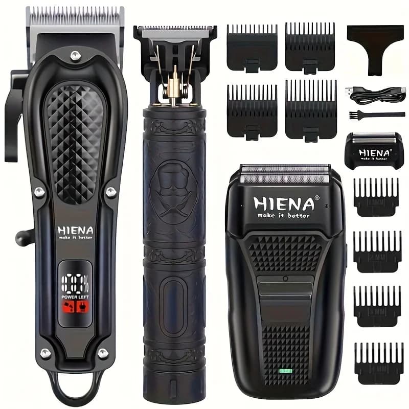 Set Regolacapelli HIENA 3-in-1, Trimmer Senza Fili, Rasoio a Lamina, Kit di Toelettatura Ricaricabile USB con Display LCD per Uomo