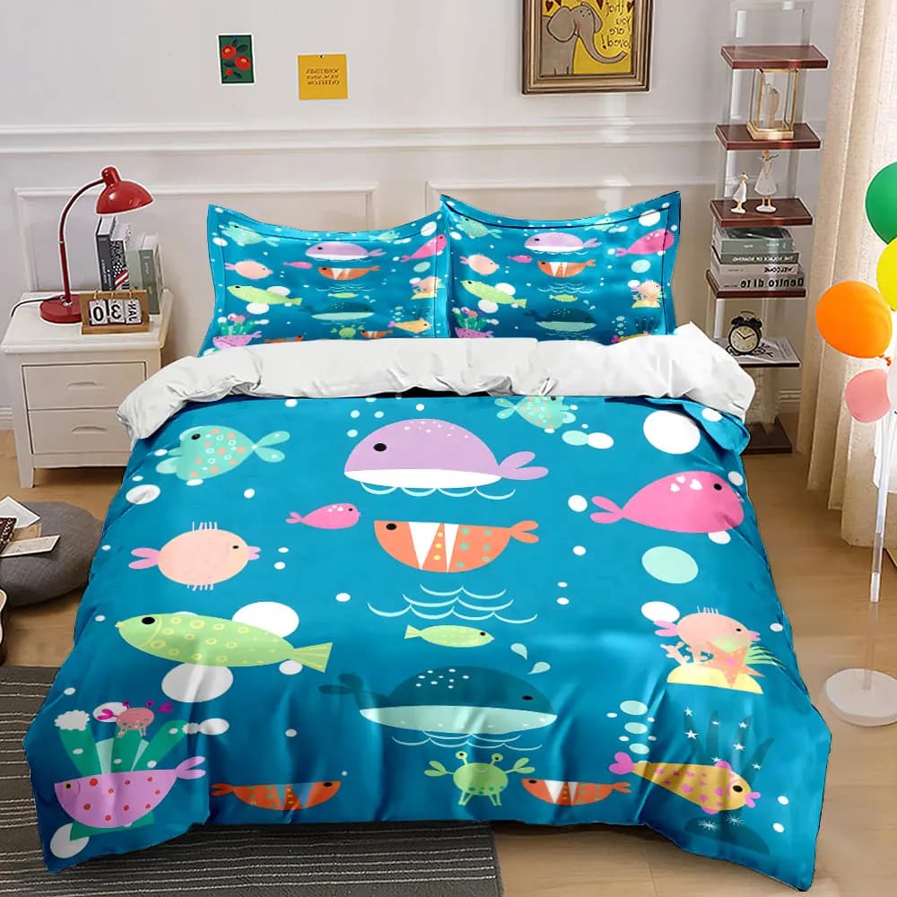 Set di Biancheria da Letto con Stampa di Animali Marini Divertenti, Copripiumino Morbido e Confortevole, Include 1 Copripiumino e 2 Federe
