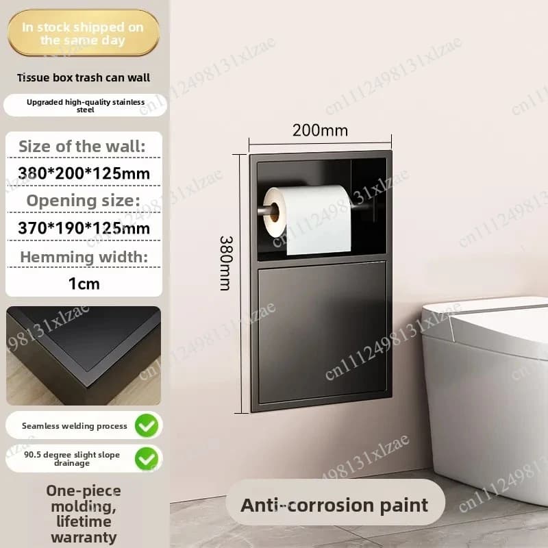 Recessed Stainless Steel Toilet Brush Holder - Hidden Trash Can & Niche Cabinet for Bathroom Wall Tile Installation