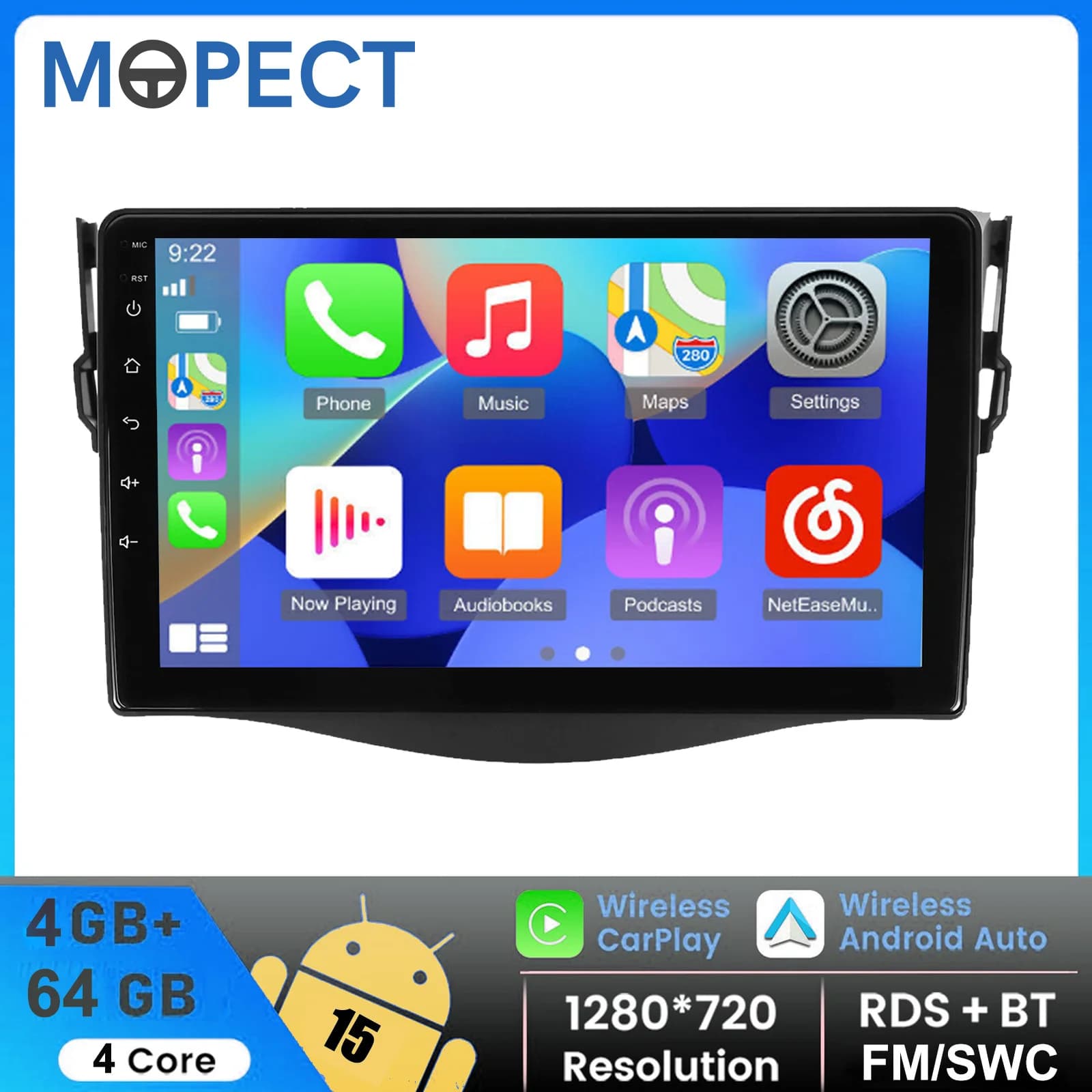 MOPECT Autoradio 9 pollici 4+64GB con Apple Carplay per Toyota RAV4 2007-2012, Bluetooth, Android 15, GPS, FM, WIFI, Radio, Navigatore Satellitare