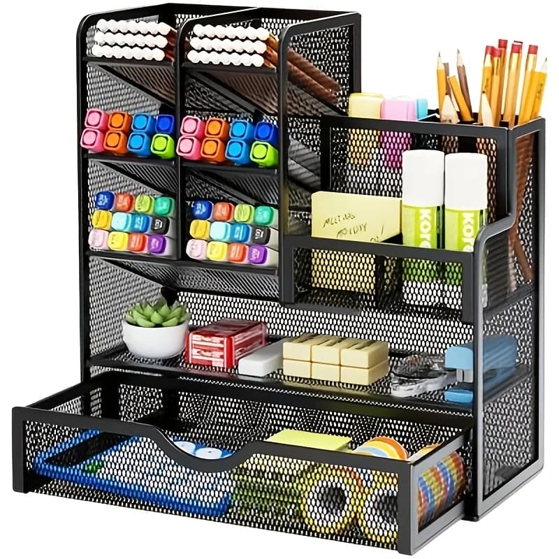 Iron Art Mesh Desk Organizer Multi-Layer Large Capacity Stationery Storage Box Office Desktop File Tray Pen Holder Rack Student