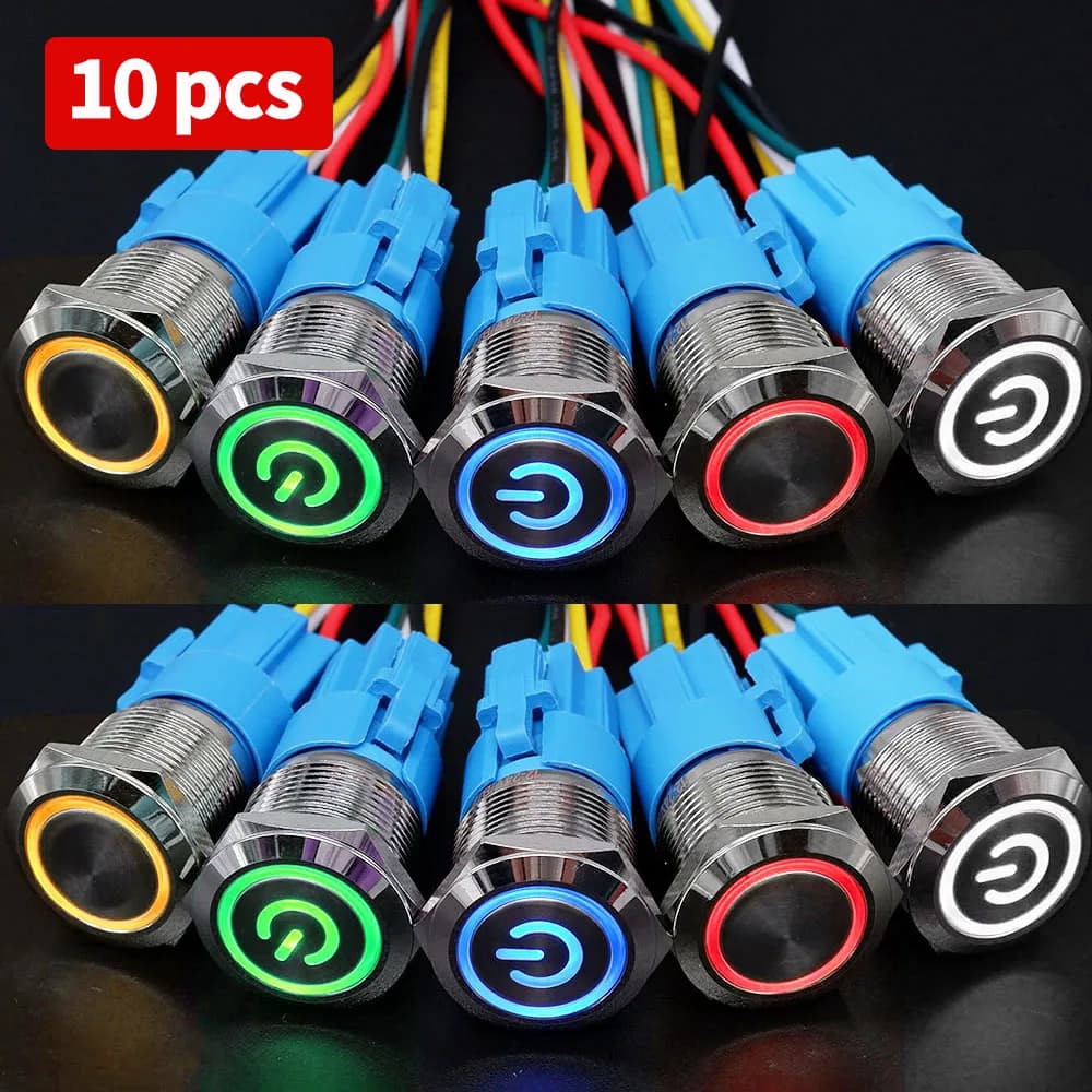 10 pezzi interruttore a pulsante in metallo con connettore 12v 16mm 19mm 22mm lampada ad anello simbolo di alimentazione luce LED impermeabile ripristino autobloccante 24