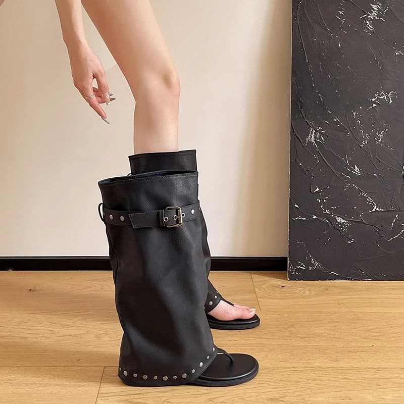 Nuovi Stivali Estivi 2026 da Donna con Cinturino e Fibbia, Stile Punk Western, Tacco Basso, Sandali con Cinturino al Ginocchio e Punta Aperta