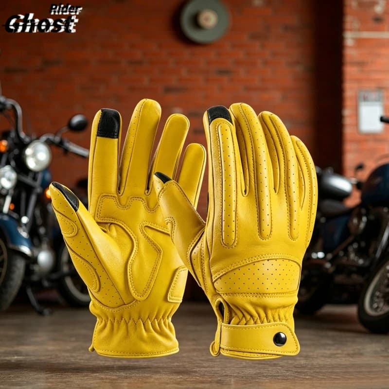 Vintage sheepskin motorcycle gloves,exclusively for summer riding: touchscreen control,breathability,classic retro style