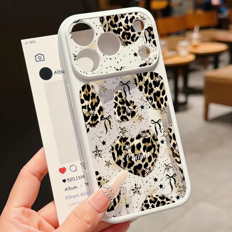 Leopard Heart Pattern Candy Color TPU Border Phone Case For iPhone 17 ProMax 16 15 14 13 Pro Max Clear Hard PC Protective Cover