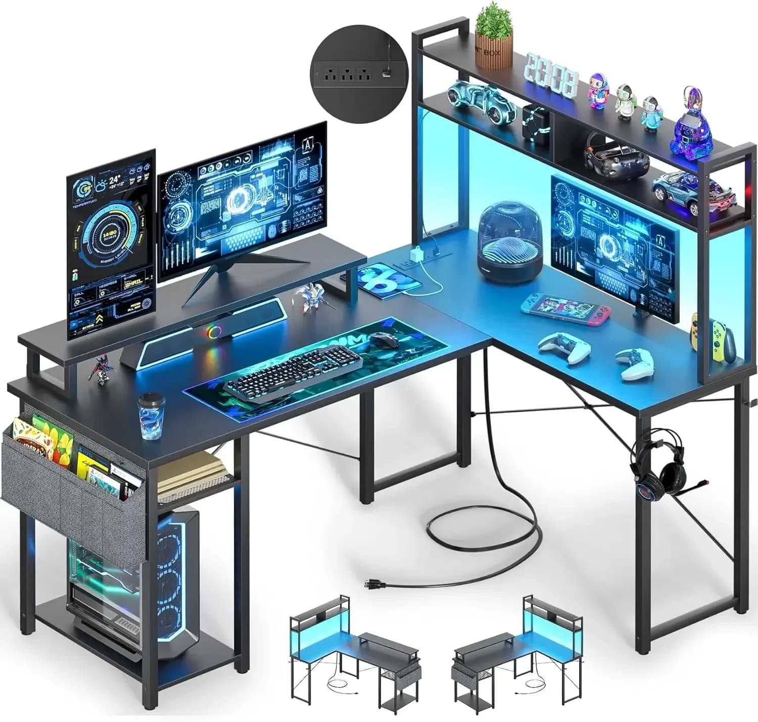 Scrivania a L Compatta per Gaming con Prese di Corrente, Scrivania a L Reversibile da 48 Pollici con LED, Supporto Monitor e Ripiano Portaoggetti