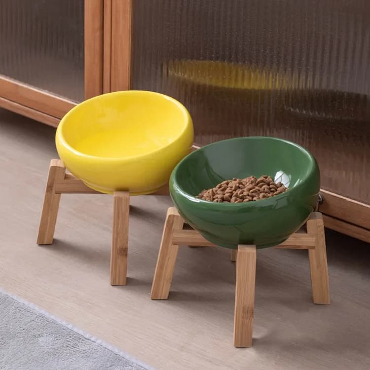 Simple Wooden Frame Ceramic Pet Bowl Slanted Neck Protection Food Water Bowl for Cats Dogs