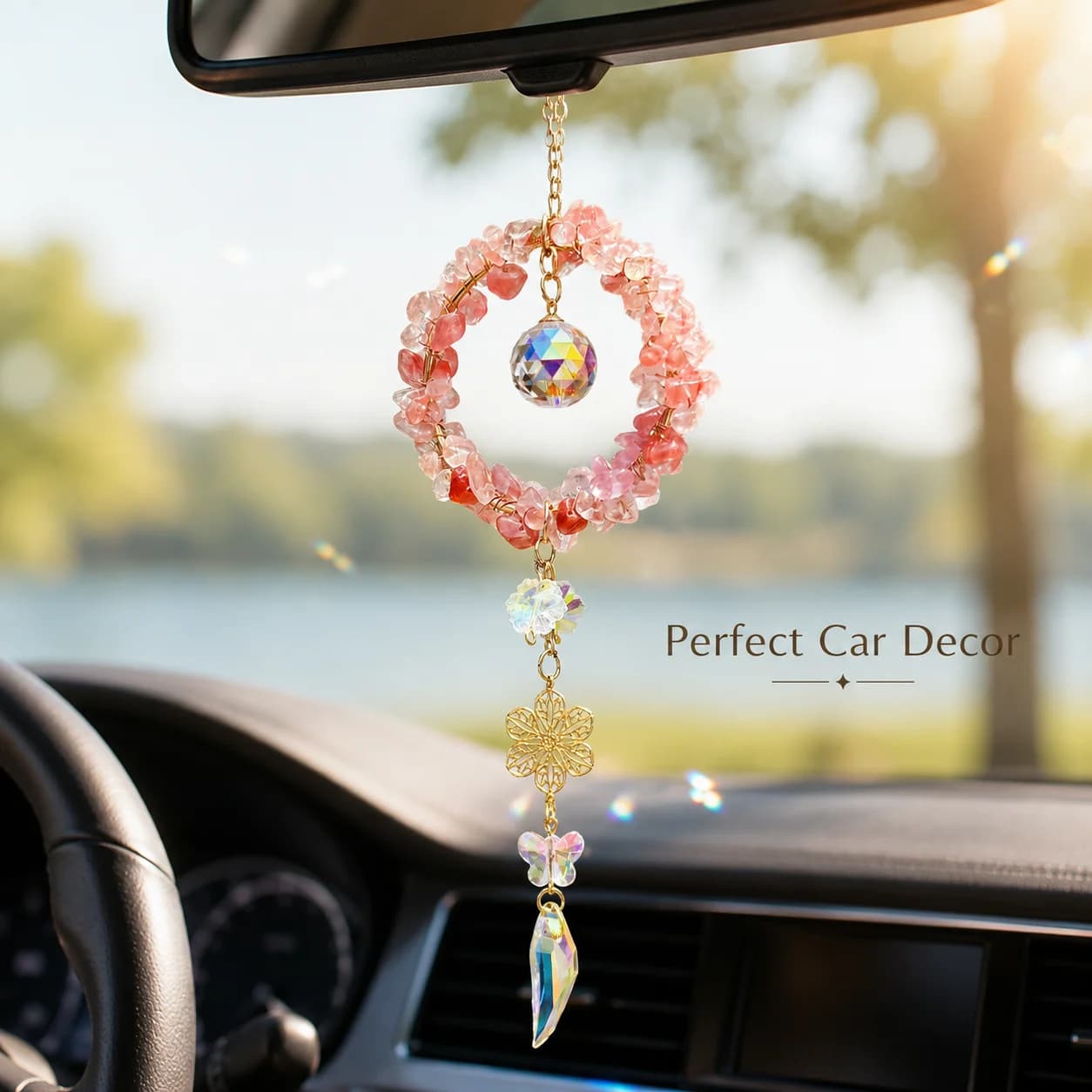 Natural Crystal Suncatcher Hanging Ornament, Rainbow Gemstone Car Rearview Mirror Charm, Handmade Window Prism Decor Gift