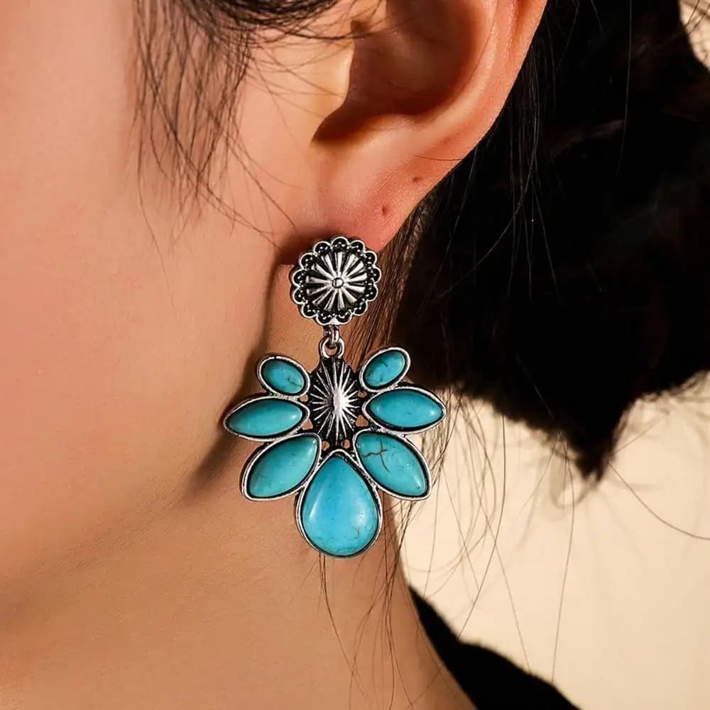 Turquoise Earrings Women's Retro Bohemian Personalized Earrings, New Water Drop Flower Long Earrings, Versatile Temperament