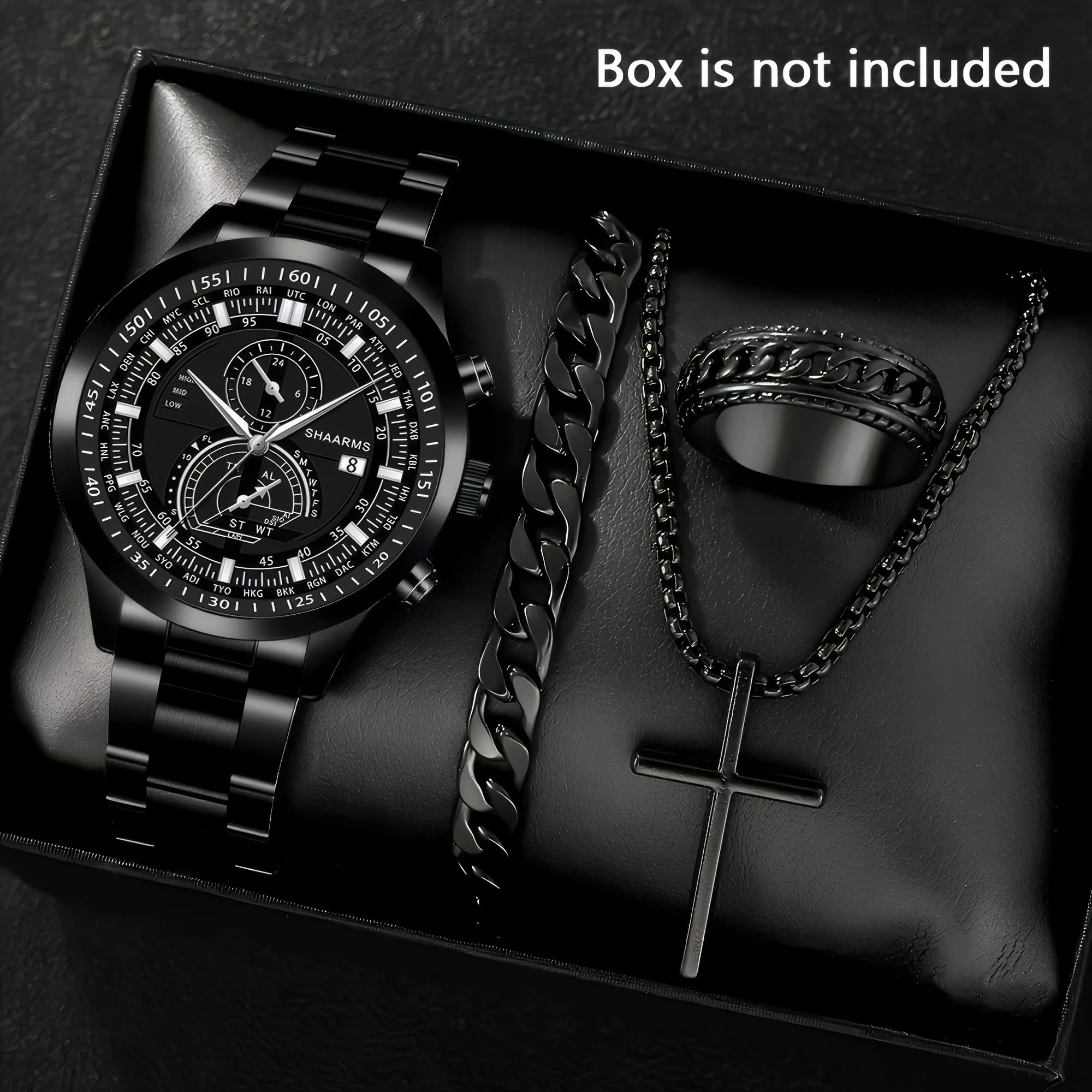 Set di 4 pezzi: orologio da uomo e set di gioielli, collana a croce, bracciale, anello, il regalo ideale per gli uomini!