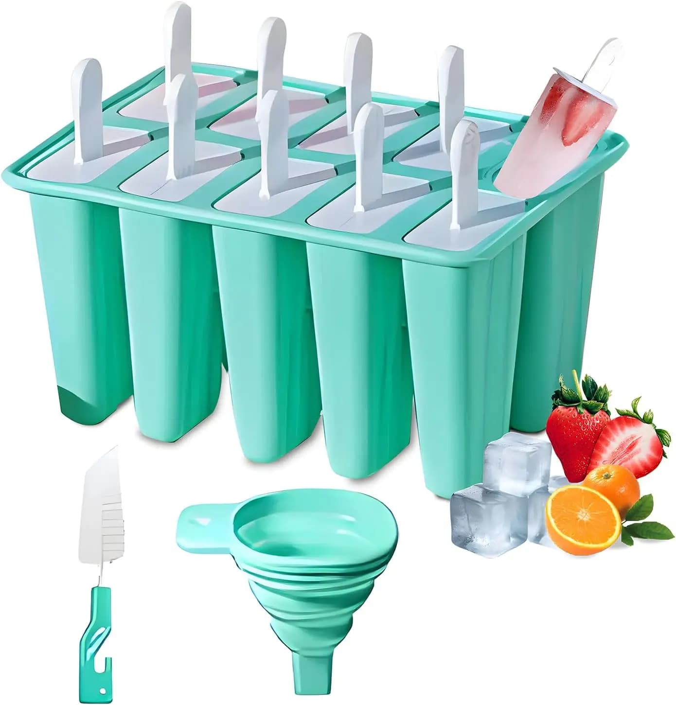 Stampi per ghiaccioli in silicone da 10 pezzi con bastoncini, pennello e imbuto - Stampo per ghiaccioli fai da te facile da usare, colore verde