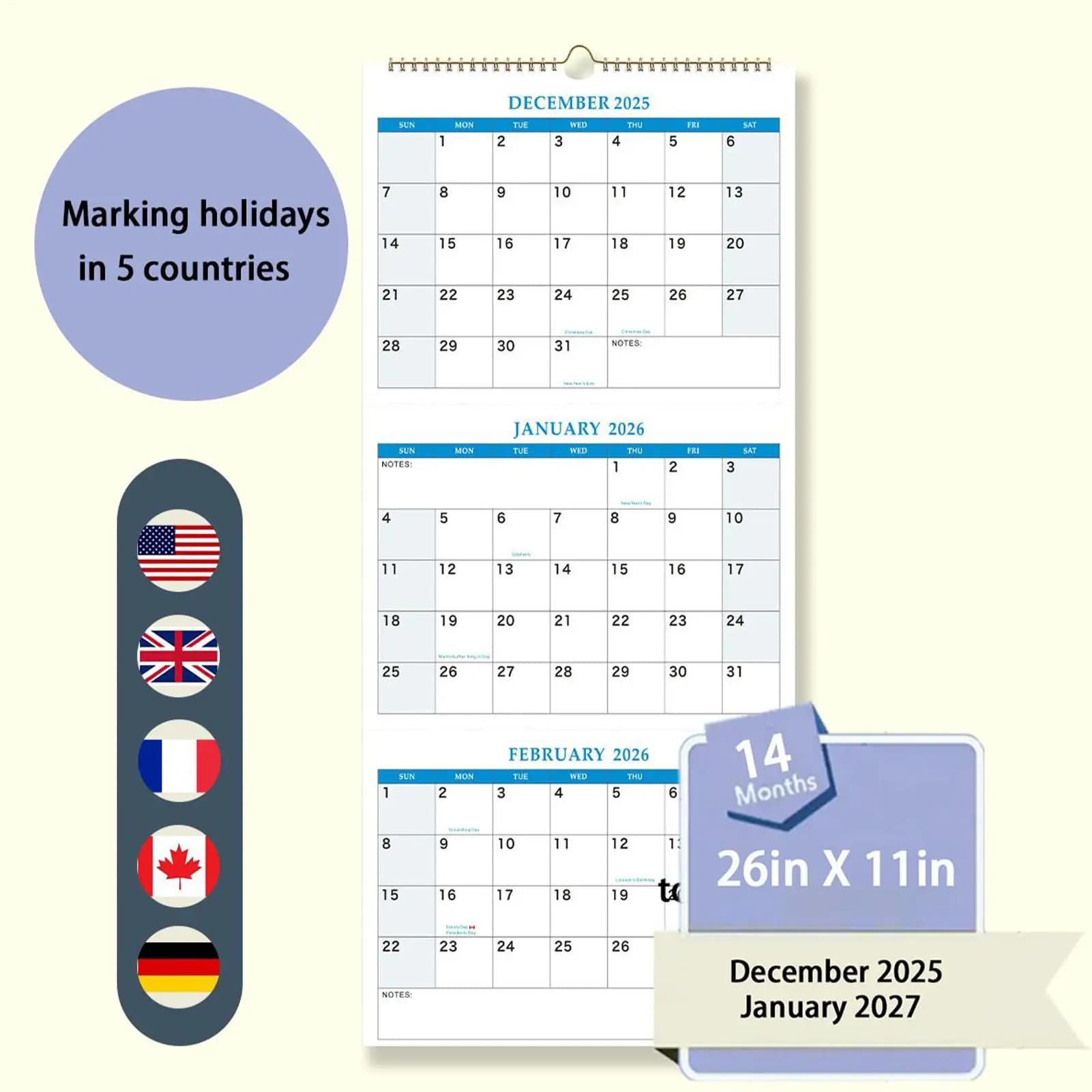 Calendario da Parete Grande 2026, Calendario a 3 Mesi, Organizer per Riunioni, Agenda Giornaliera, per Casa e Frigorifero